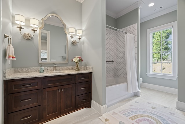 full bathroom featuring tile floors, ornamental molding, toilet, and vanity