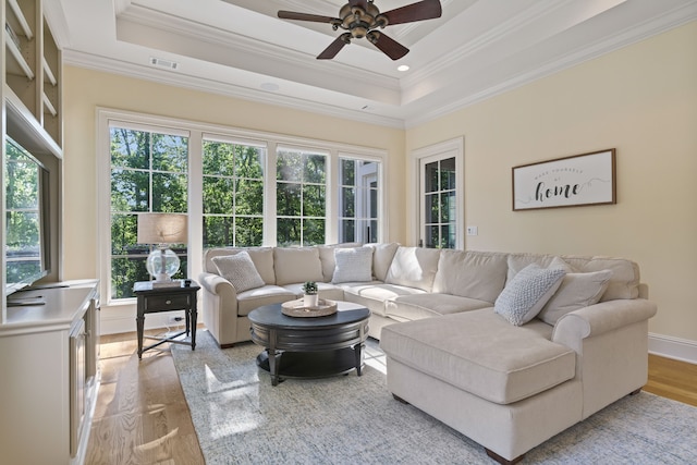 living room featuring a wealth of natural light, a tray ceiling, and hardwood / wood-style flooring