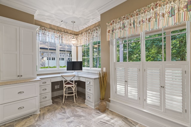 office space featuring built in desk, ornamental molding, and light tile flooring