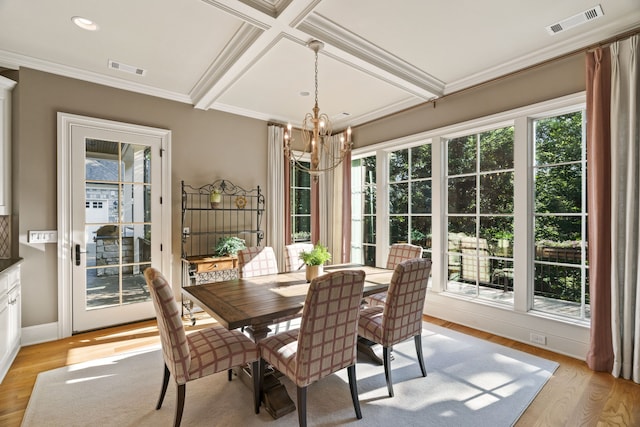 sunroom / solarium with beam ceiling, a chandelier, and coffered ceiling