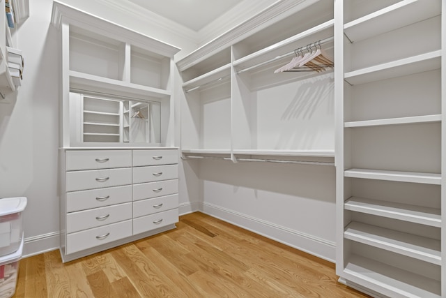 walk in closet with light hardwood / wood-style floors