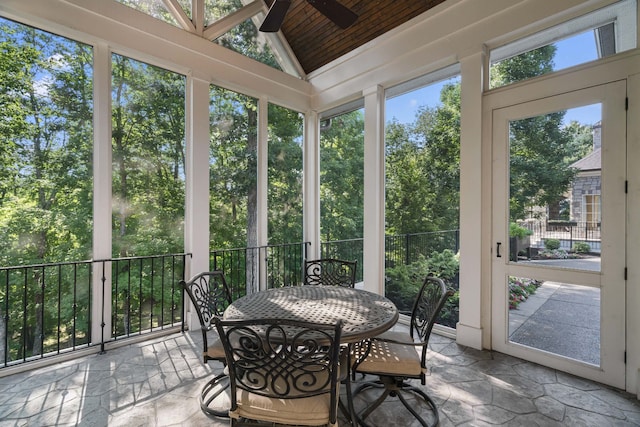 sunroom / solarium with a wealth of natural light, vaulted ceiling, and ceiling fan