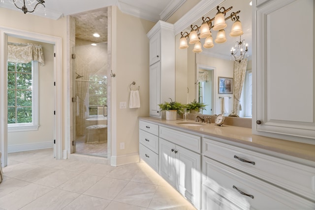 bathroom with walk in shower, tile flooring, large vanity, and crown molding