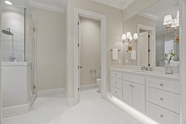 bathroom with tile flooring, ornamental molding, oversized vanity, and toilet