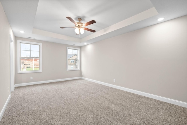 empty room featuring carpet flooring, a raised ceiling, and a wealth of natural light