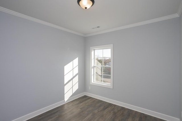 unfurnished room with dark hardwood / wood-style floors and ornamental molding