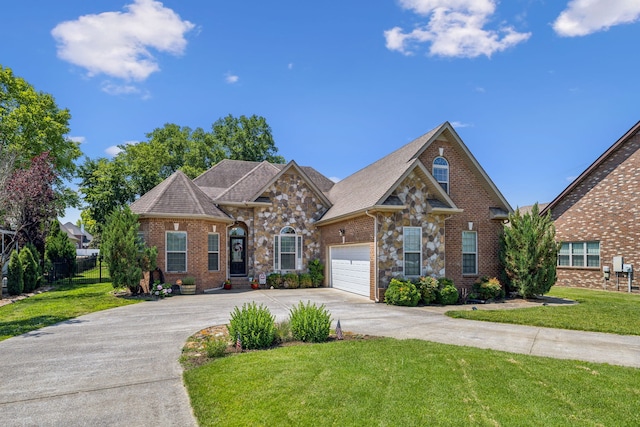 view of front of home with a front lawn and a garage