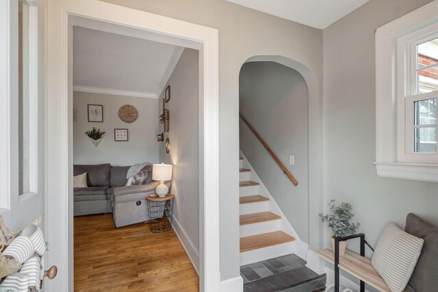 staircase featuring ornamental molding and hardwood / wood-style floors