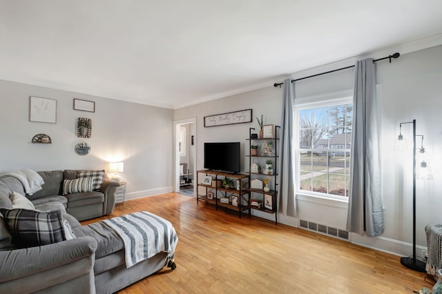 living room featuring light hardwood / wood-style floors and crown molding