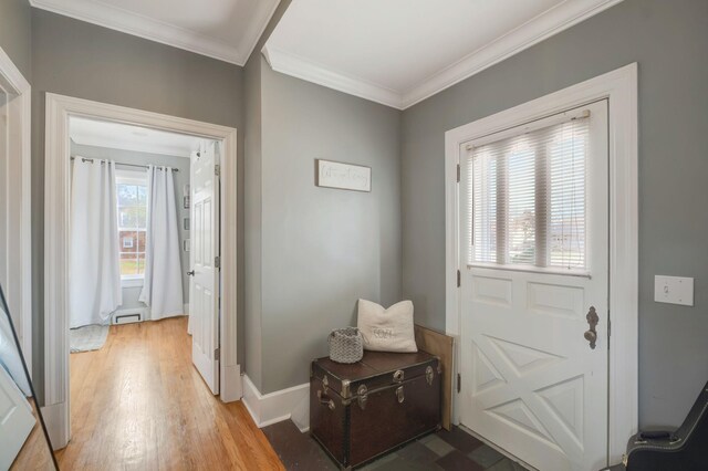 entryway featuring wood-type flooring and crown molding