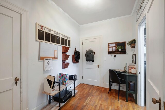 mudroom featuring crown molding and light wood-type flooring