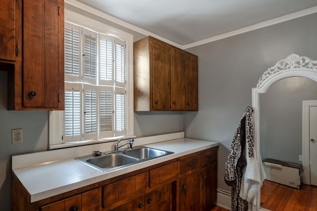 kitchen featuring crown molding, sink, hardwood / wood-style floors, and a baseboard radiator