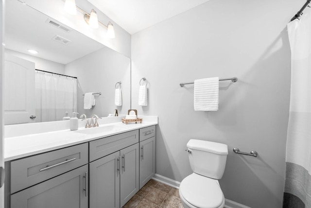 full bath with toilet, tile patterned floors, visible vents, and vanity