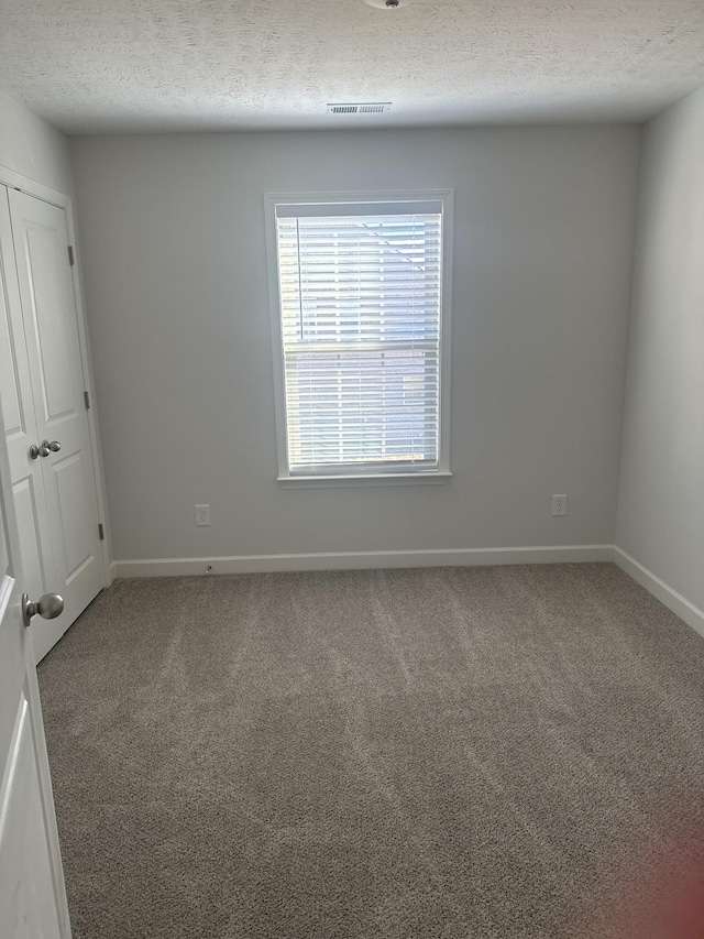 unfurnished room with carpet flooring and a textured ceiling