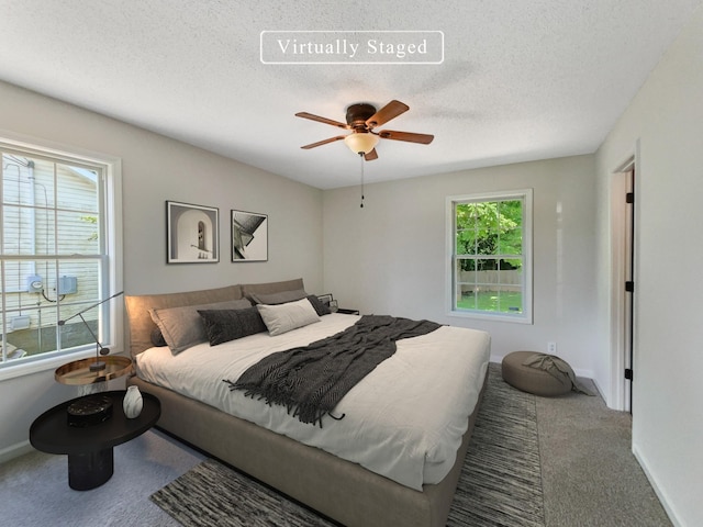 bedroom featuring carpet, ceiling fan, a textured ceiling, and multiple windows