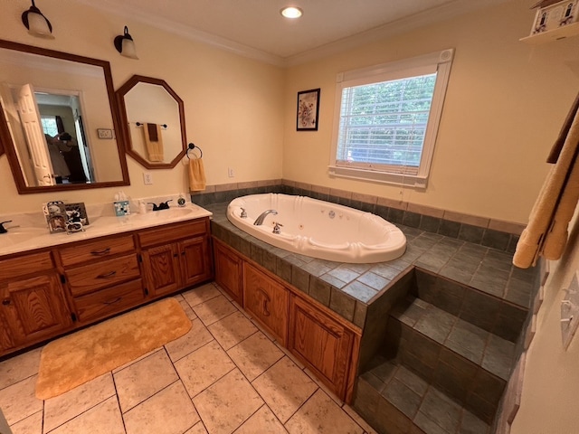 bathroom featuring a tub, dual bowl vanity, ornamental molding, and tile floors