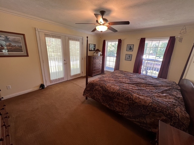 bedroom with ceiling fan, carpet floors, french doors, a textured ceiling, and access to outside