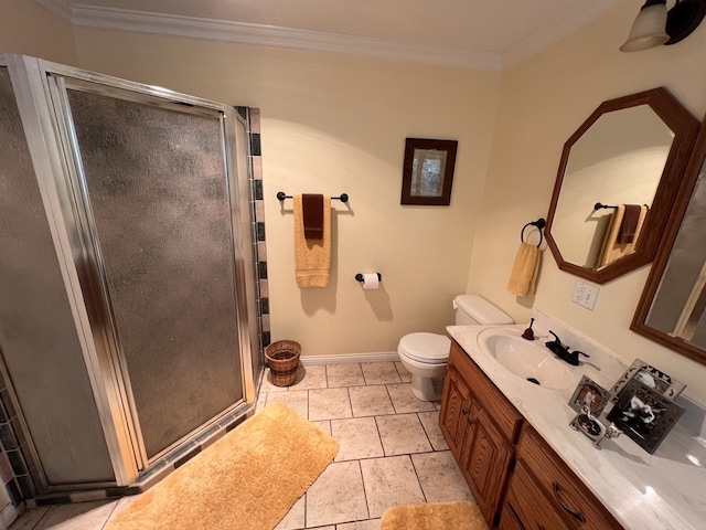 bathroom featuring tile flooring, an enclosed shower, ornamental molding, toilet, and vanity