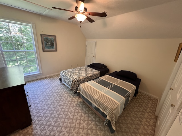 carpeted bedroom with multiple windows, lofted ceiling, and ceiling fan