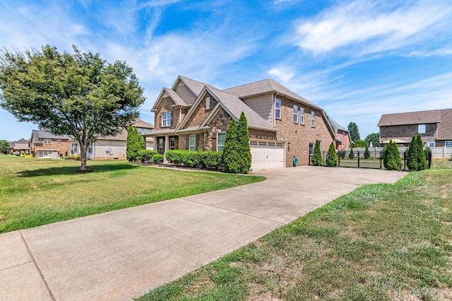 view of front facade featuring a garage, concrete driveway, fence, a front lawn, and brick siding