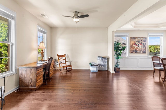 home office featuring ceiling fan, dark hardwood / wood-style flooring, a tray ceiling, and plenty of natural light