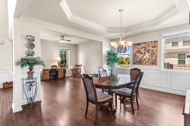 dining space with a raised ceiling, ceiling fan with notable chandelier, dark hardwood / wood-style floors, and ornamental molding