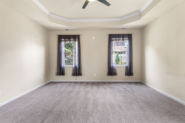 carpeted empty room with plenty of natural light, ceiling fan, and a raised ceiling