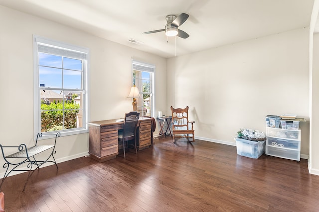 office featuring ceiling fan and dark wood-type flooring