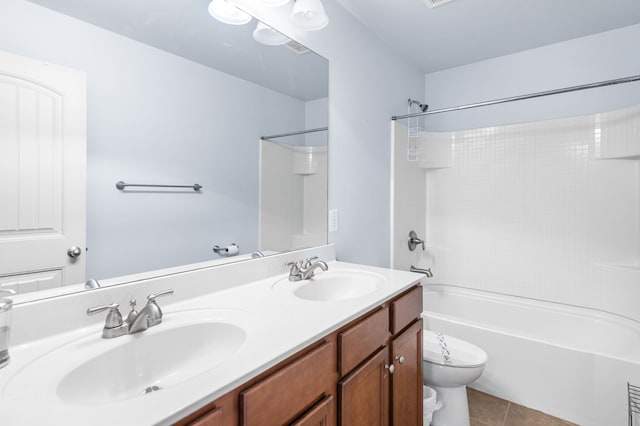 full bathroom with dual bowl vanity, shower / tub combination, tile patterned flooring, and toilet