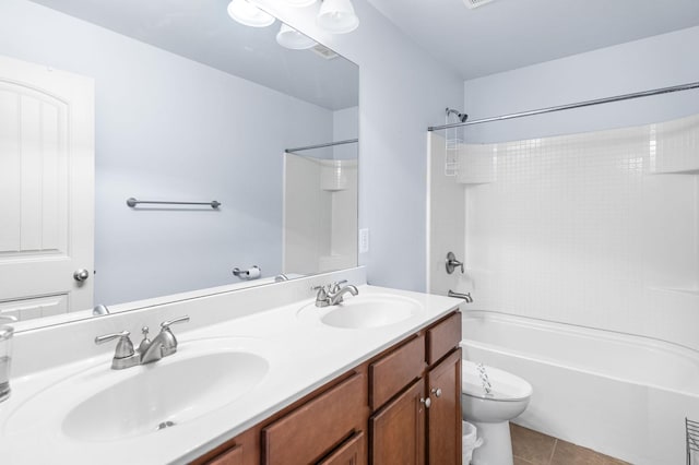 full bathroom with toilet, tile patterned flooring, shower / tub combination, and a sink