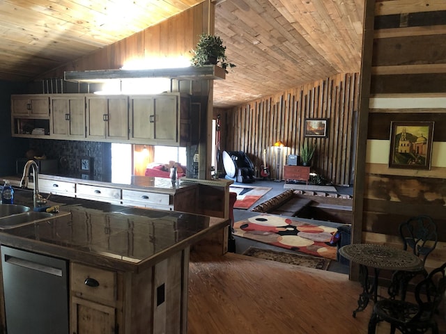 kitchen with sink, dark hardwood / wood-style flooring, stainless steel dishwasher, vaulted ceiling, and wood ceiling