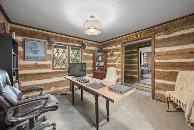 office space with wood walls and a textured ceiling