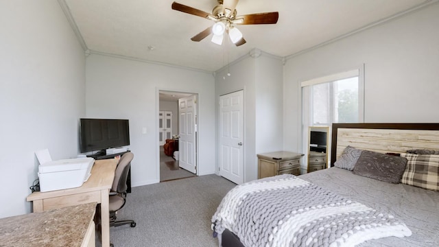 bedroom with light carpet, a closet, ceiling fan, and ornamental molding