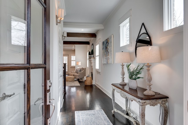 corridor featuring beamed ceiling, dark hardwood / wood-style flooring, crown molding, and a wealth of natural light