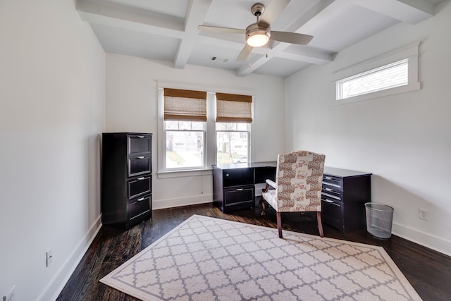 unfurnished office featuring dark wood-type flooring, beam ceiling, ceiling fan, and coffered ceiling