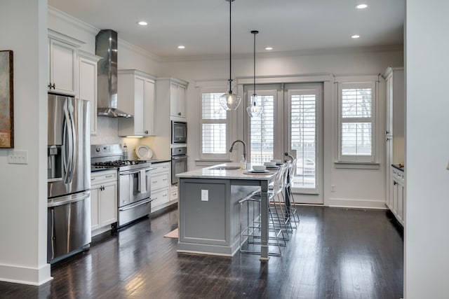 kitchen featuring stainless steel appliances, a center island with sink, wall chimney exhaust hood, and dark hardwood / wood-style floors