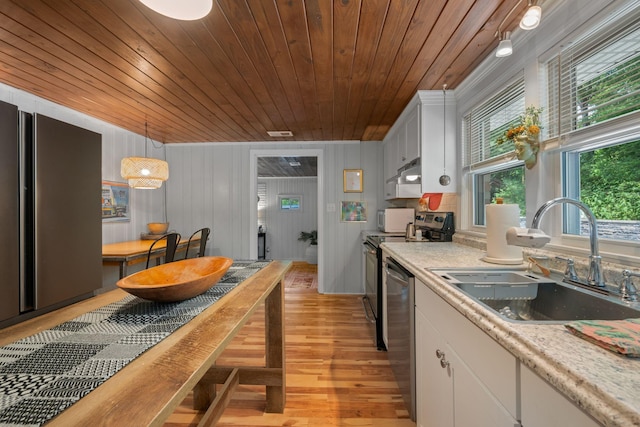 kitchen featuring sink, white cabinetry, wood ceiling, stainless steel appliances, and light hardwood / wood-style floors