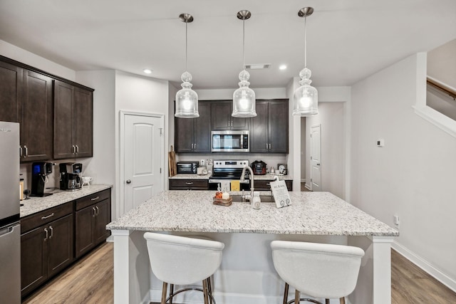 kitchen featuring pendant lighting, light wood-type flooring, stainless steel appliances, and a center island with sink