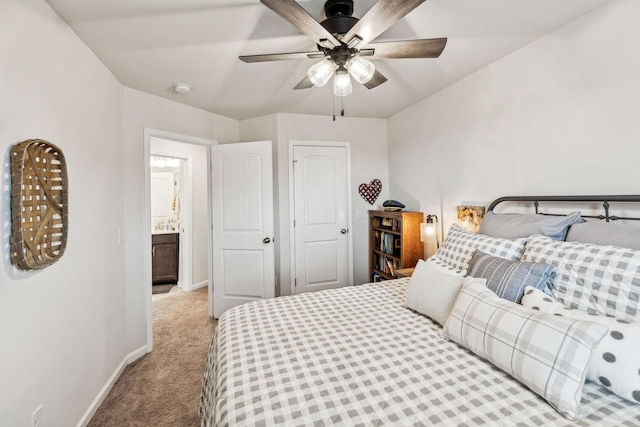 bedroom with ceiling fan and light colored carpet