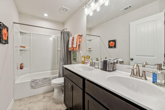 full bathroom with vanity, toilet, and shower / bathtub combination with curtain