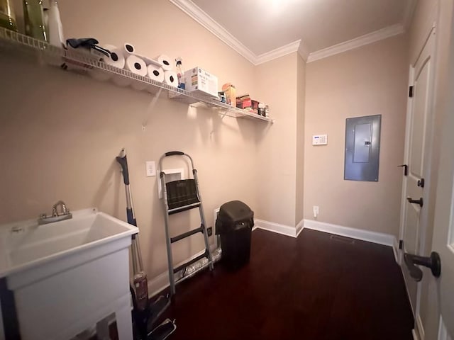 laundry area featuring hookup for a washing machine, electric panel, and crown molding