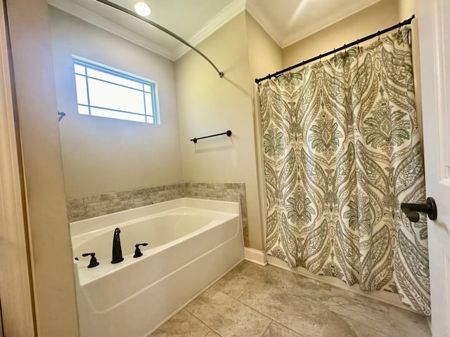 bathroom featuring tile patterned floors, crown molding, and a bath