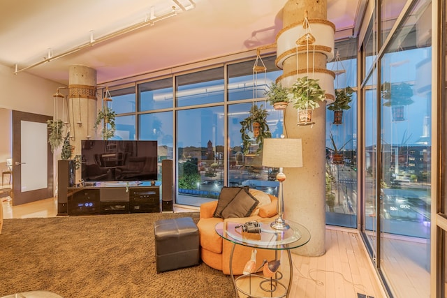 living room with hardwood / wood-style flooring, track lighting, french doors, and expansive windows