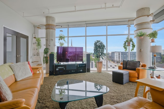 living room with a healthy amount of sunlight and french doors