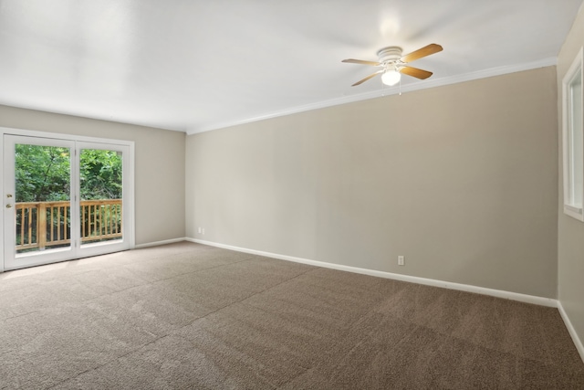 spare room with ceiling fan, ornamental molding, and carpet floors