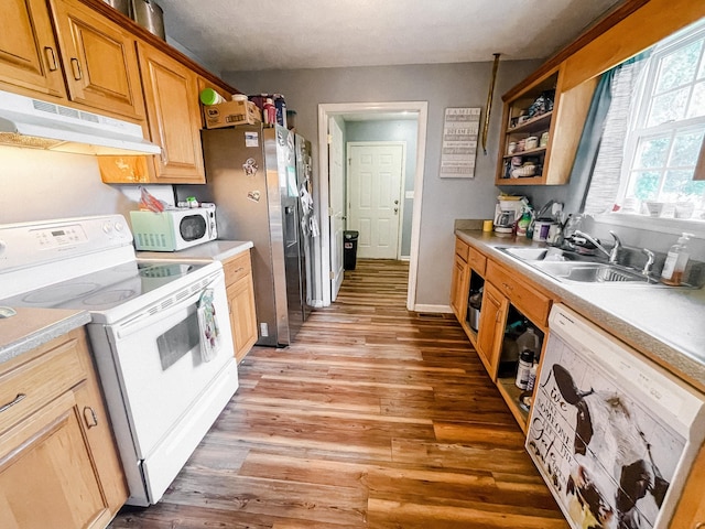 kitchen featuring light wood-type flooring, sink, and white appliances