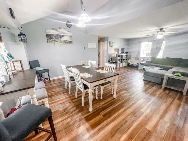 dining area with ceiling fan and hardwood / wood-style flooring