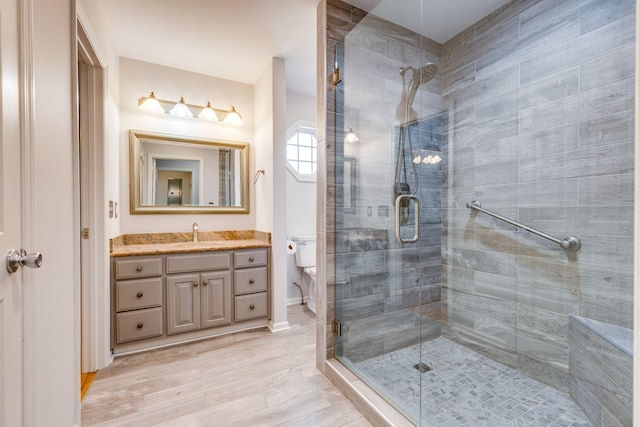 bathroom featuring a shower with door, vanity, wood-type flooring, and toilet