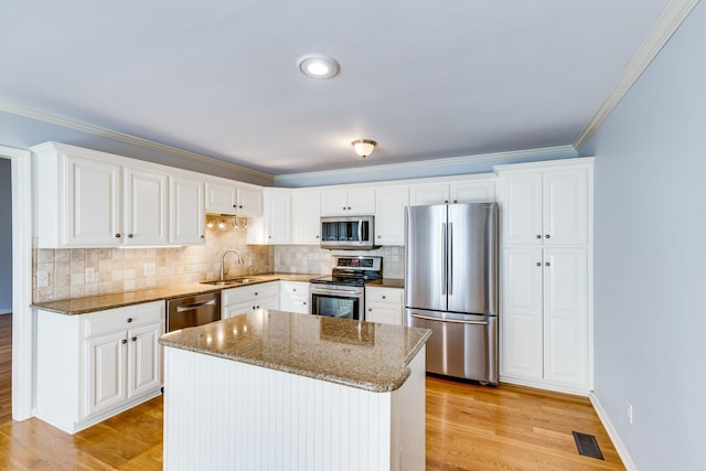 kitchen with white cabinetry, sink, stainless steel appliances, and light wood-type flooring