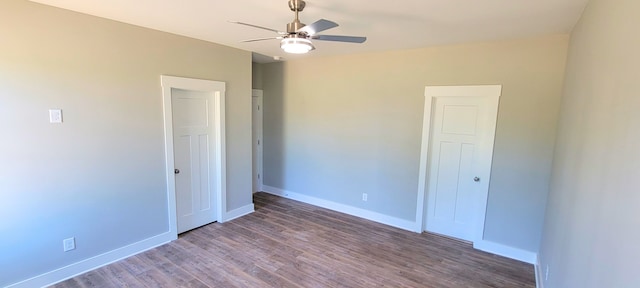 unfurnished bedroom with hardwood / wood-style flooring and ceiling fan